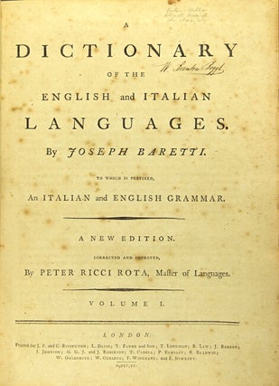 A dictionary of the English and Italian languages ... to which is prefixed, and Italian and English grammar. A new edition. Corrected and improved by Peter Ricci Rota, master of languages.