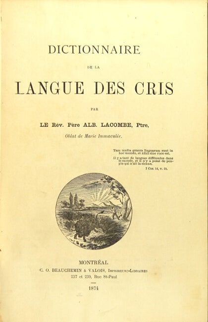Item #15774 Dictionnaire de la langue des Cris. Alb Lacombe, le Rev. Pere.