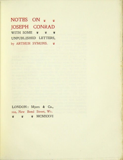 Item #17361 Notes on Joseph Conrad with some unpublished letters. ARTHUR SYMONS.