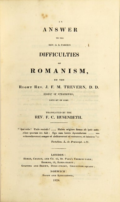 Item #21765 An answer to the Rev. G.S. Faber's Difficulties of Romanism. J. F. M. TREVERN, Rev.