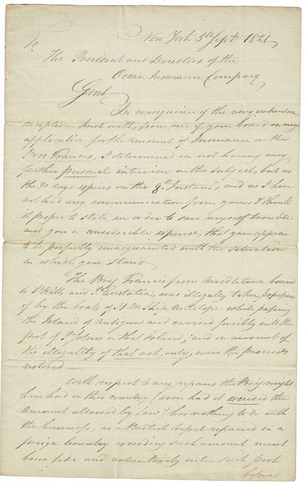 Item #22673 One and one-half page autograph letter signed to the President and Directors of the Ocean Insurance Company. Charles Francis.