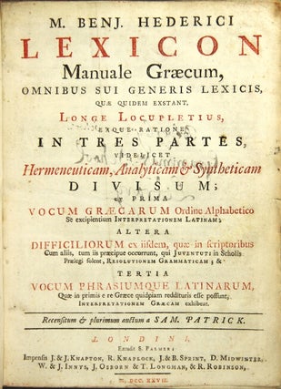 Item #24522 M. Benj. Hederici lexicon manuale Graecum, omnibus sui generis lexicis, quae quidem...