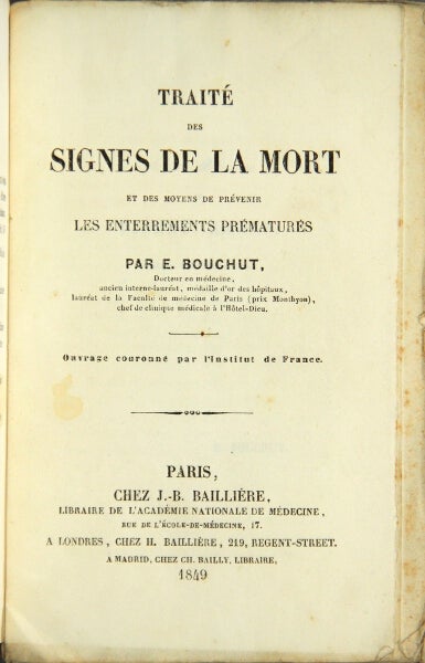 Item #24914 Traité signes de la mort et des moyens de prévenir les enterrements prématurés. Bouchut, ugène.
