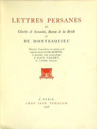 Item #24974 Lettres Persanes de Charles de Secondat, Baron de la Brède et de Montesquieu....