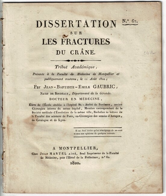 Item #25060 Dissertation sur les fractures du crane. JEAN-BAPTISTE-EMILE GAUBRIC.