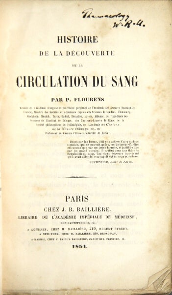 Item #25078 Histoire de la découverte de la circulation du sang. Pierre Flourens.