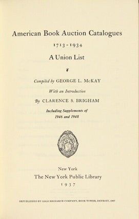 American book auction catalogues 1713-1934. A union list. Introduction by Clarence S. Brigham