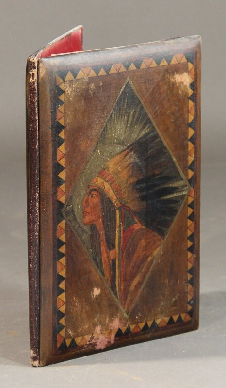 Item #25245 An empty binding consisting of painted wooden sides depicting within a parallelogram a Native American in full headdress.