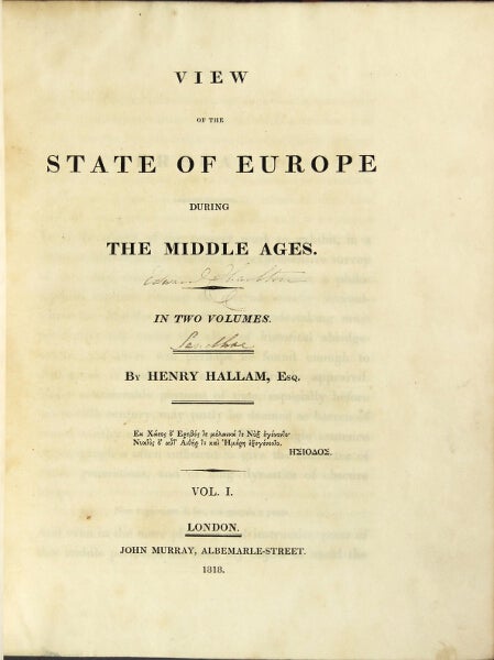 Item #25425 View of the state of Europe during the Middle Ages. In two volumes. HENRY HALLAM.