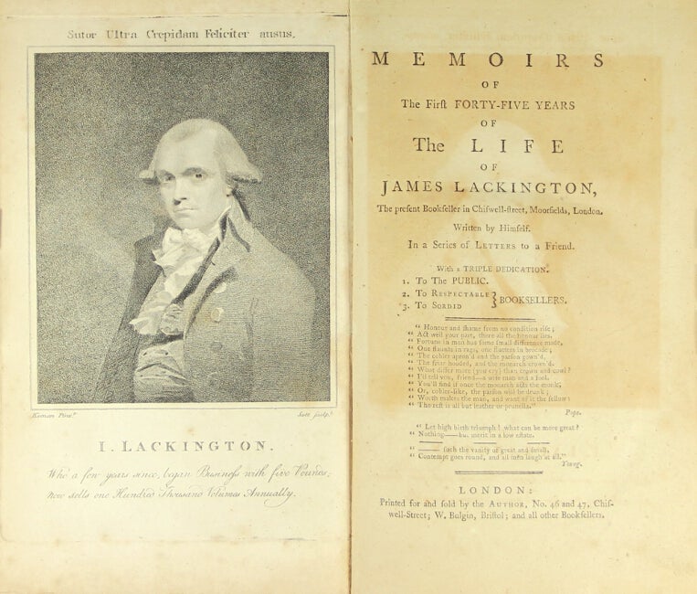 Item #26049 Memoirs of the first forty-five years of the life of James Lackington, the present bookseller on Chiswell-street, Moorfields…. James Lackington, bookseller.