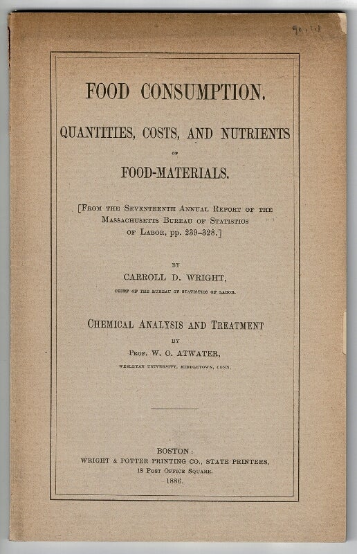Item #30998 Food consumption. Quantities, costs, and nutrients of food-materials. CARROLL D. WRIGHT.