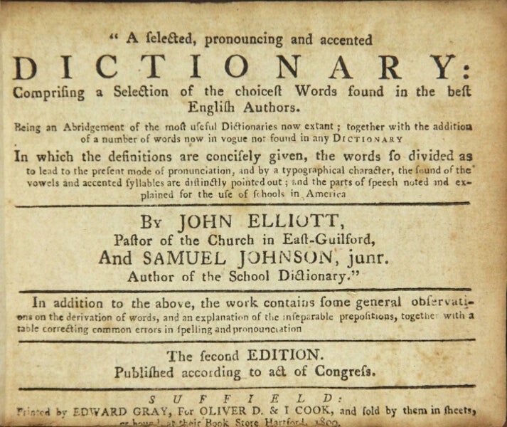 Item #31093 A selected, pronouncing and accented dictionary. Comprising a selection of the choicest words found in the best English authors. John Elliott, Samuel Johnson Jr.