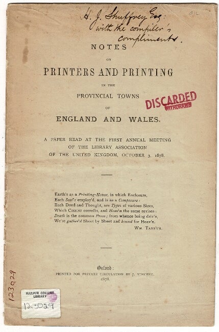 Item #31342 Notes on printers and printing in the provincial towns of England and Wales. W. H. ALLNUTT.