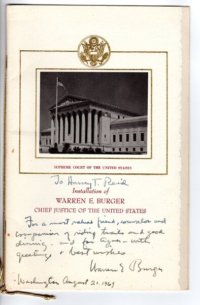 Item #31546 Installation of Warren E. Burger, Chief Justice of the United States [cover title]. Warren E. Burger.