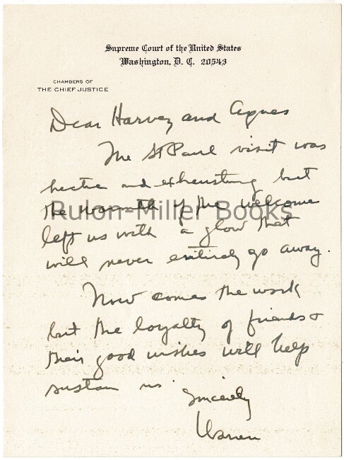 Item #31549 One page autograph letter signed on Chief Justice of the Supreme Court stationery. Warren E. Burger.