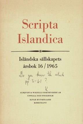 Item #32658 Scripta Islandica. Islandiska saqllskapets arsbok 16 / 1965. Tryggve Skold