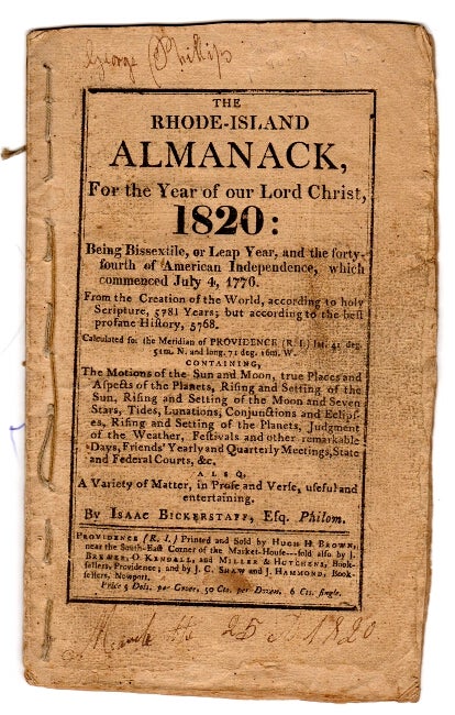 Item #33658 The Rhode-Island almanack, for the year of Our Lord Christ 1820. Isaac Bickerstaff.