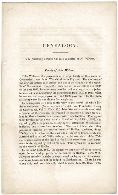 Item #34112 Genealogy. The following account has been compiled by N. Webster. Noah Webster.