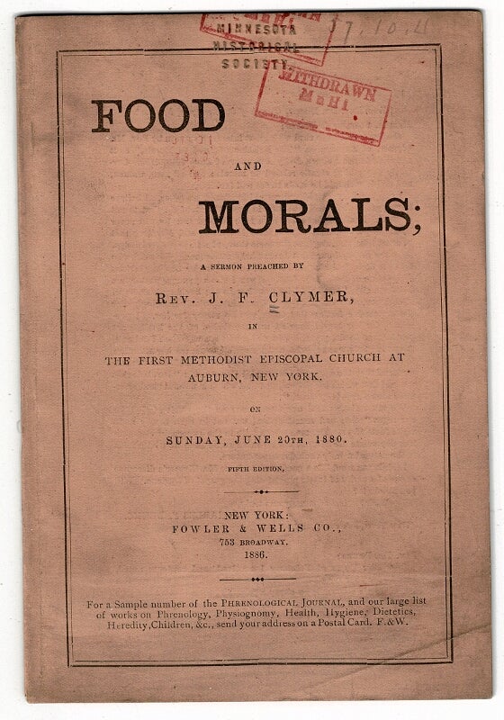 Item #36196 Food and morals; a sermon preached by...in the First Methodist Episcopal Church at Auburn, New York on Sunday, June 20th, 1880. Fifth edition. J. F. Clymer.