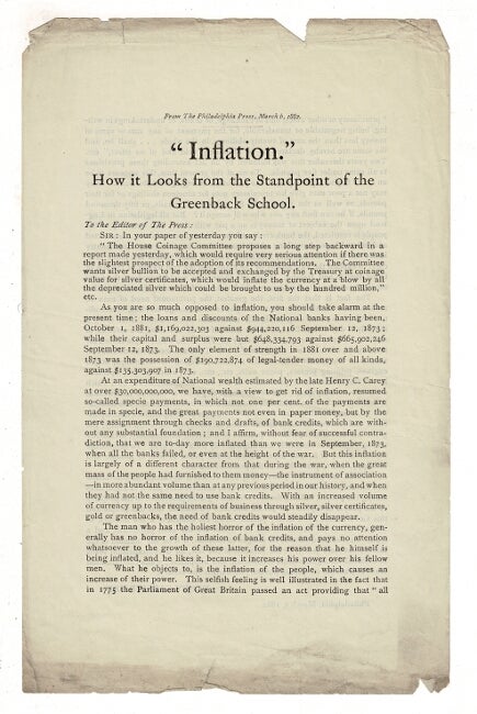Item #36840 Inflation. How it looks from the standpoint of the Greenback school. Henry Carey Baird.