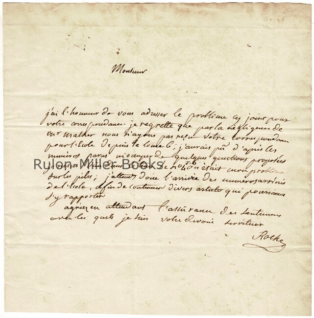 Item #3747 One-page autograph note signed to Adolphe Quetelet (1799-1874, Belgian physicist, statistician, and astronomer of the Brussels Royal Observatory). Edouard Roche.