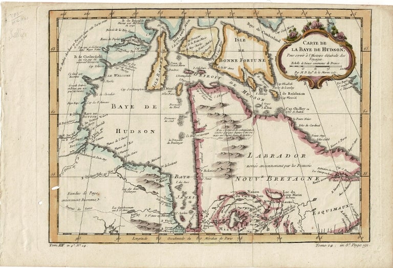 Item #39338 Carte de la baye de Hudson, pour servir à l'histoire générale des voyages...Par M.B., Ingr. de la Marine. Jacques Nicolas Bellin.
