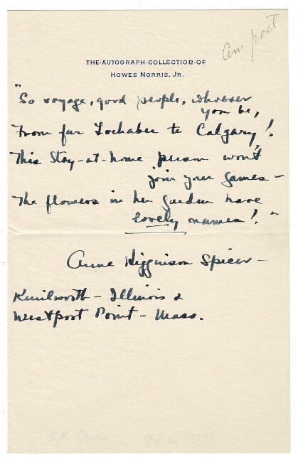 Item #40811 Autograph poem, signed. Anne Higginson Spicer.