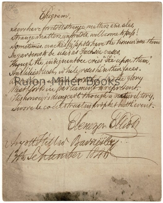 Item #40812 Autograph "Epigram," signed. Ebenezer Elliott.