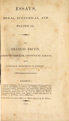 Item #40830 Essays, moral, economical, and political. Francis Bacon