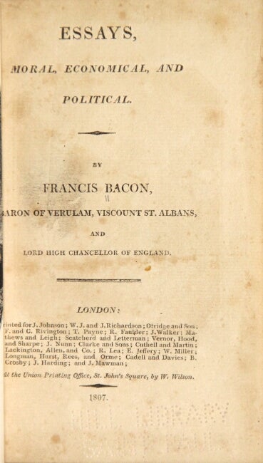 Item #40830 Essays, moral, economical, and political. Francis Bacon.
