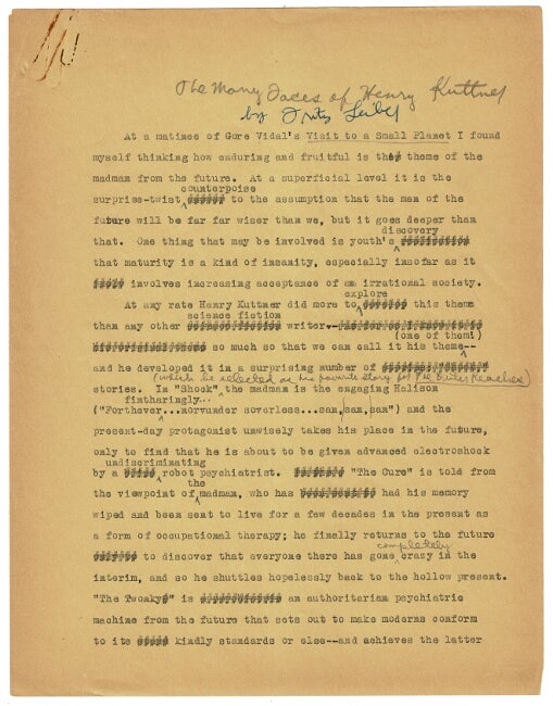 Item #43889 Typescript manuscript of the essay "The Many Faces of Henry Kuttner," heavily corrected and signed. Fritz Leiber.