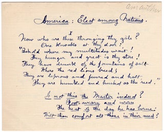Item #43925 One and one-half page holograph faircopy of her poem, America: Elect among Nations....