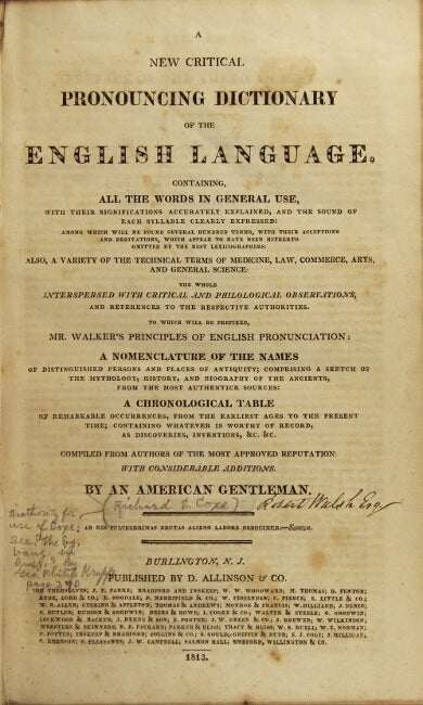 Item #44543 A new critical pronouncing dictionary of the English language, containing all the words in general use. Richard S. Coxe.