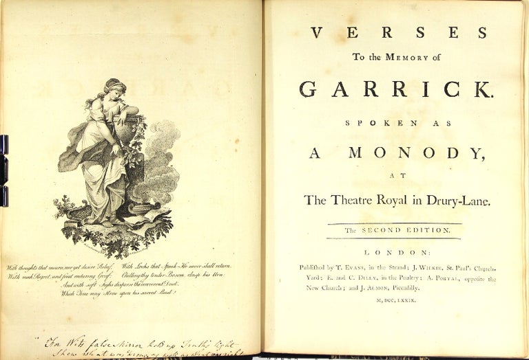 Item #44572 Verses to the memory of Garrick. Spoken as a monody at the Theatre Royal in Drury-Lane. The second edition. Richard Brinsley Sheridan.