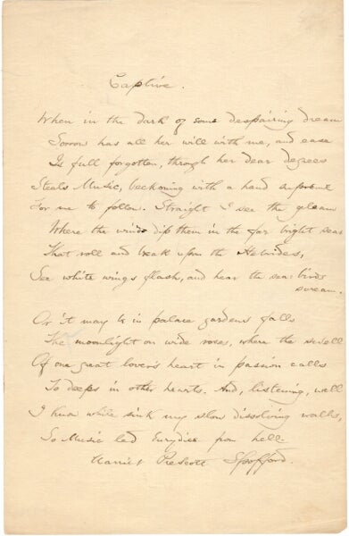 Item #45841 Signed autograph manuscript sonnet titled "Captive" Harriet Prescott Spofford.