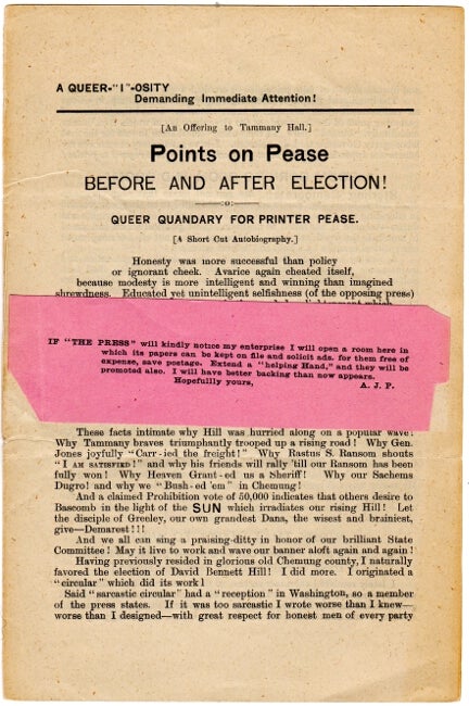 Item #45857 Points on Pease before and after election! Queer quandary for printer Pease. A. J. Pease.
