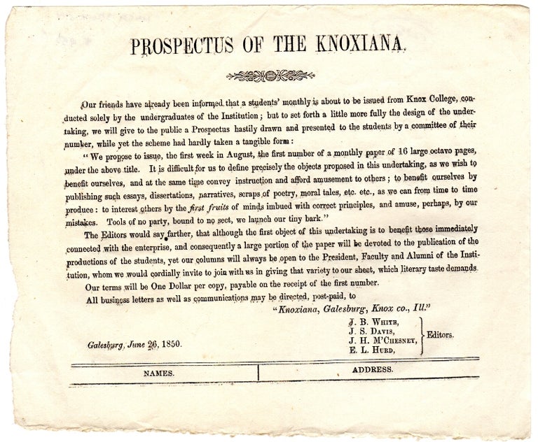Item #46387 Prospectus of the Knoxiana. J. B. White, J. H. M'Chesney, J. S. Davis, E. L. Hurd.