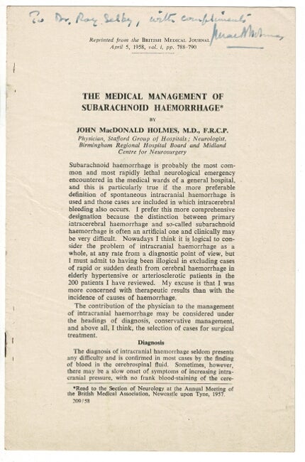 Item #47783 The medical management of subarachnoid haemorrhage. John MacDonald Holmes.