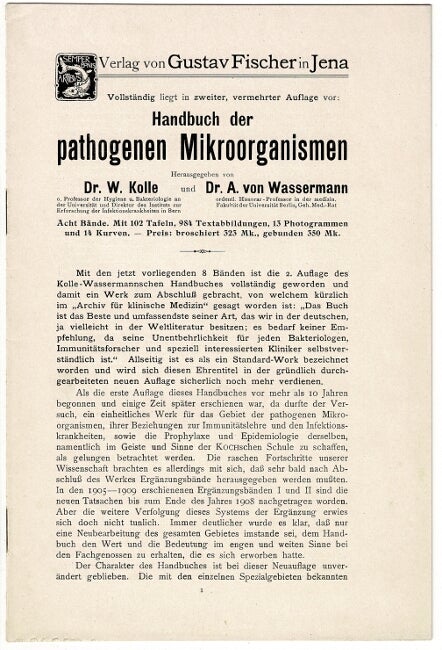 Item #47832 Vollstandig liegt in zweiter, vermehrter Auflage vor: Handbuch der pathogenen Mikroorganismen. W. Kolle, Dr., Dr. A. von Wassermann.