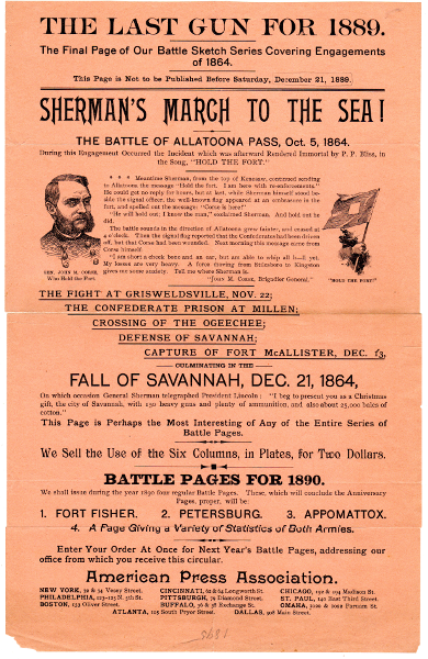Item #48153 The last gun for 1889. The final page of our battle sketch series covering engagements of 1864...Sherman's march to the sea...culminating in the fall of Savannah. American Press Association.