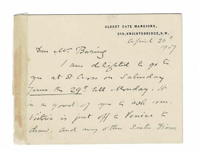 Item #48438 Two-page autograph letter (on card) signed, addressed to “Mr. Baring”, i.e. Maurice Baring (1874-1945), poet and author. Mary Cholmondeley, Victorian novelist.