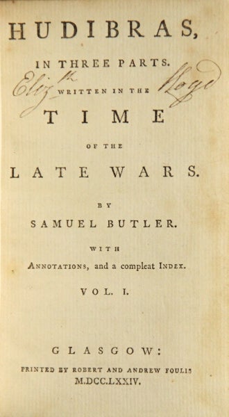 Item #48785 Hudibras, in three parts. Written in the time of the late wars ... With annotations, and a complete index. Samuel Butler.