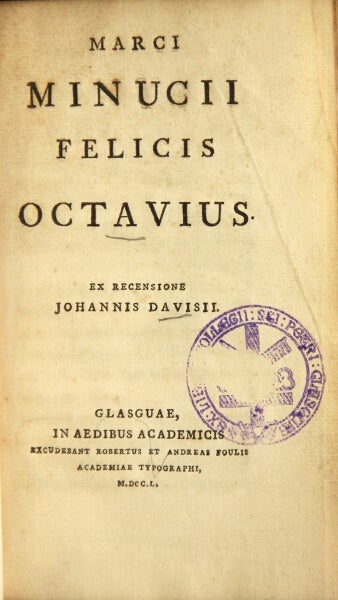 Item #48914 Marci Minucii Felicis Octavius. Ex recensione Johannis Davisii. Marcus Minucius Felix.