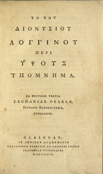 Item #48919 To tou Dionysiou Longinou peri hypsous hypomnema : Ex editione tertia Zachariae Pearce. Longinus.
