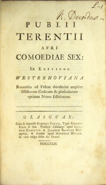 Item #49018 Publii Terentii Afri Comoediae sex: ex editione Westerhoviana recensita ad fidem duodecim amplius MSstorum codicum & pluscularum optimae notae editionum. Publius Terentius Afer.