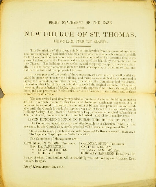 Item #50279 Brief statement of the case of the New Church of St. Thomas, Douglas, Isle of Mann. Archdeacon Moore.