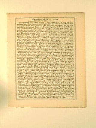 J. Johnson, Typ. Oddments from his Typographia, or The Printer's Instructor, with an original leaf therefrom