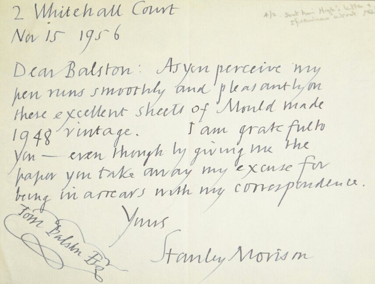 Item #51920 Two autograph letters signed to papermaker Thomas Balston, with related correspondence. Stanley Morison.