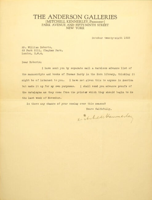 Item #51922 Three typed letters signed to the collector, William Roberts, in London. Mitchell Kennerley.