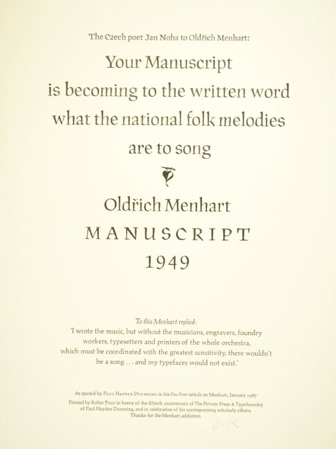 Item #51999 The Czech poet Jan Noha to Oldrich Menhart: Your manuscript is becomming to the written word what the national folk melodies are to song...